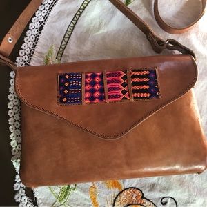 Mexican Embroidered Leather Cross-body Handbag. Natural Color Cowhide. 10"Wide